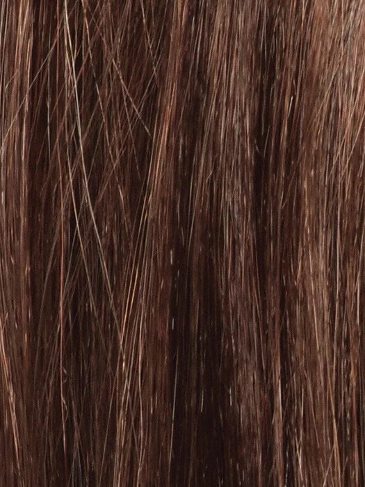 Close up of straight chestnut brown hair strands showing smooth texture for Logan Amore wig for kids