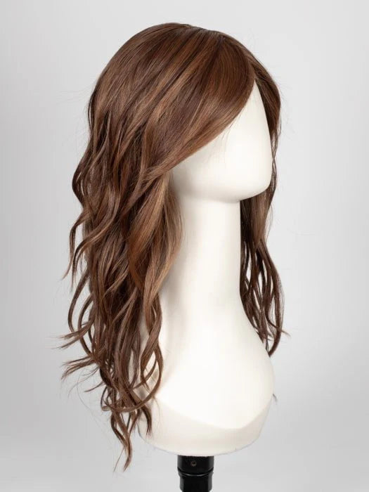 long wavy brown wig for women with layered waves side swept bangs and natural shine