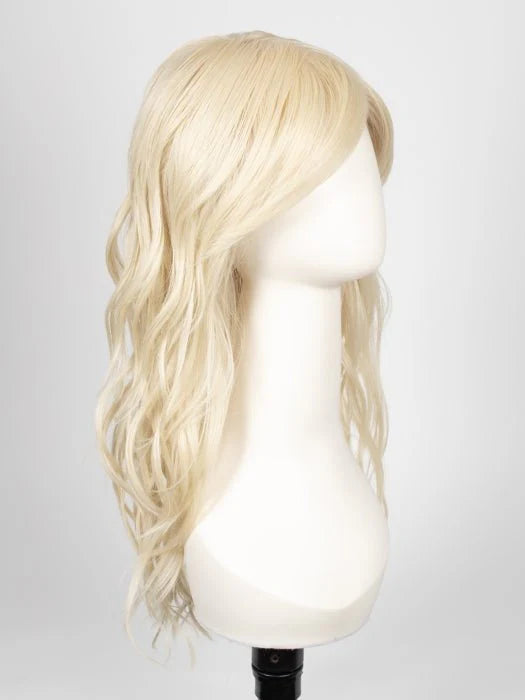 long wavy brown wig for women shown here in platinum blonde color displayed on a mannequin head with side bangs