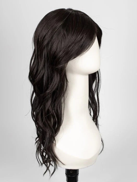 long wavy brown wig for women displayed on white mannequin with layered waves and side bangs