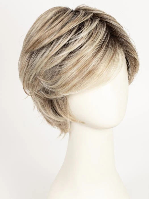 short layered synthetic wig in ash blonde on mannequin with side swept bangs and textured natural finish