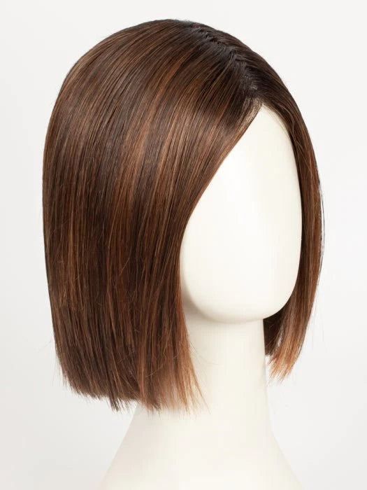 short brown bob wig for women with sleek straight hair subtle highlights and side part on mannequin