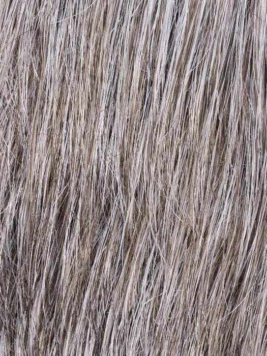 Close up ash gray hair texture of Justin Ellen Wille men's wig. Straight fine fibers with natural highlights for realistic look