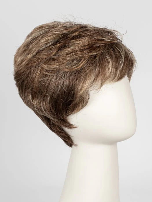Ellen Wille Tab wig short layered light brown with blonde highlights on mannequin for everyday wear