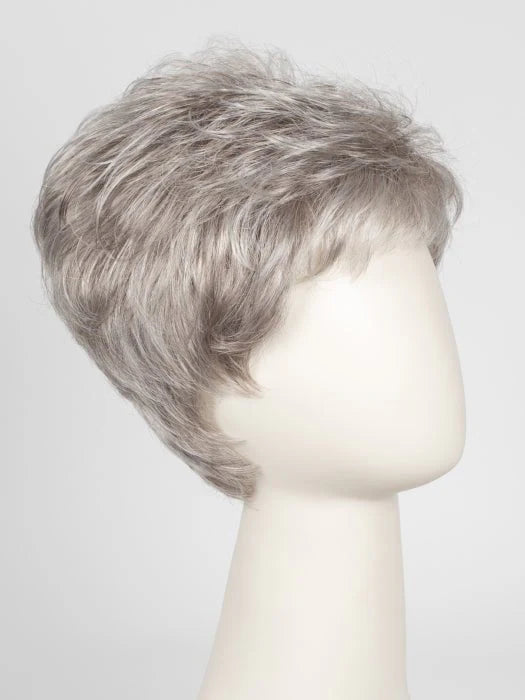 Ellen Wille Tab wig short layered silver gray pixie on mannequin with natural textured crown