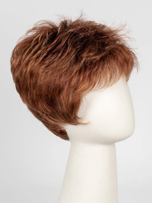Ellen Wille Tab wig short layered auburn pixie on white mannequin showing textured natural look