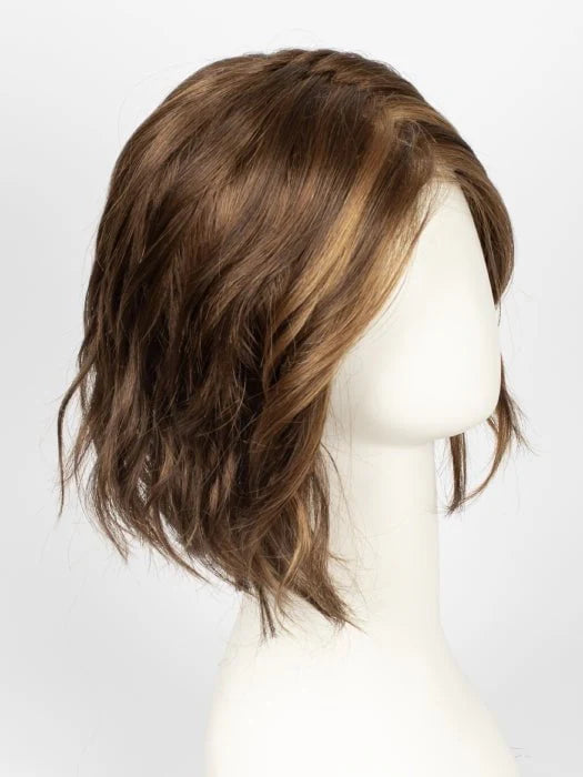short silver blonde wig for women shown on mannequin as a short wavy brown bob with blonde highlights