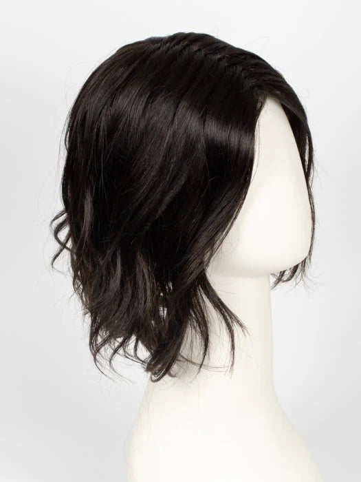 short silver blonde wig for women shown as dark brown wavy chin length bob on white mannequin