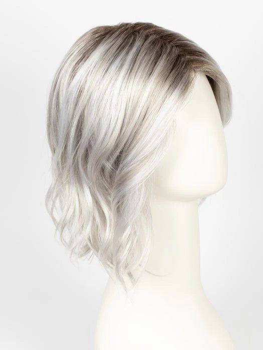 Short wavy bob with dark roots on mannequin showcasing short silver blonde wig for women with side part