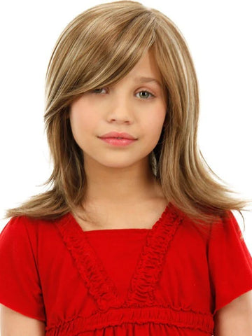 Jon Renau Ashley Petite wig shoulder length highlighted blonde with side swept bangs on model in red dress
