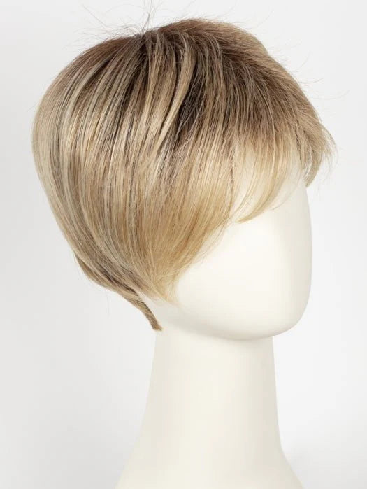 short blonde synthetic wig on white mannequin head with layered pixie cut and side swept bangs