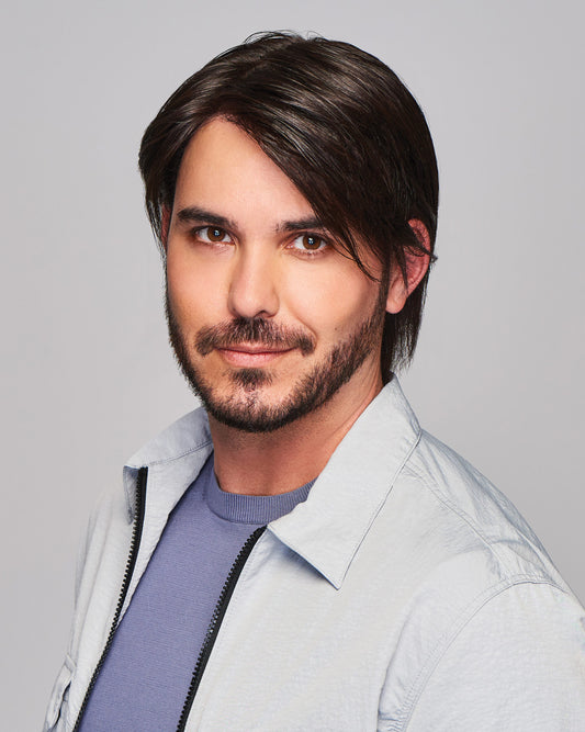 Sharp HIM wig for men medium dark brown straight hair styled on male model with light beard and casual jacket by HairUWear