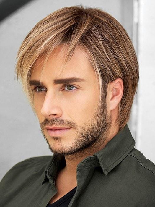HairUWear men's chiseled wig medium blond layered hair with side swept bangs and natural hairline on male model