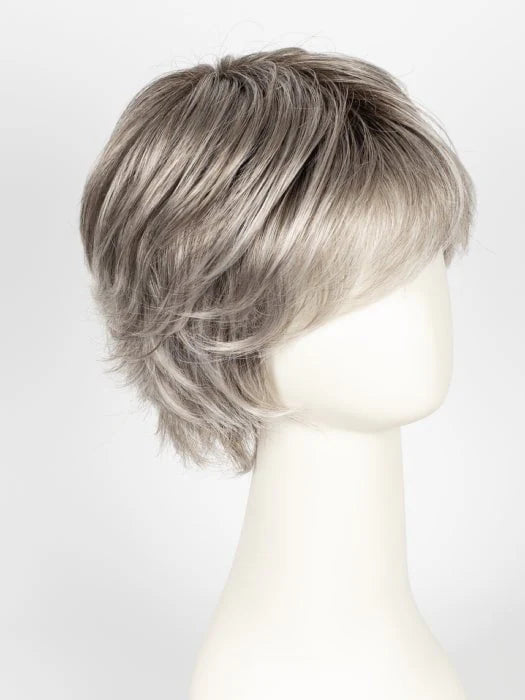 Ellen Wille Raise wig short layered silver gray haircut with wispy bangs on white mannequin