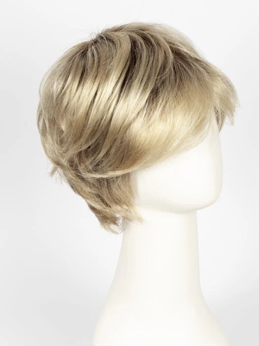 Ellen Wille Raise wig short layered ash blonde pixie style with natural roots on mannequin head