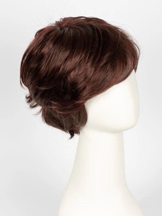 Ellen Wille Raise wig short layered chestnut brown pixie style on white mannequin head side view