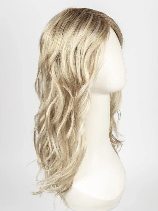 Ellen Wille Arrow lace front wig long wavy ash blonde with dark roots on mannequin head for natural look