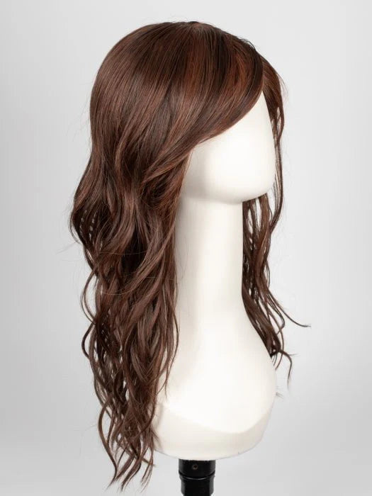 long wavy brown wig for women displayed on white mannequin with side swept bangs and natural waves