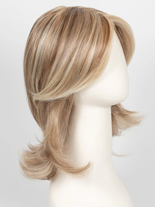 Raquel Welch Goddess wig medium layered blonde with side swept bangs flipped ends on display