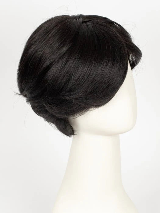 HairUWear short layered black synthetic Gallant HIM wig for men. Side swept fringe with natural looking shine on mannequin