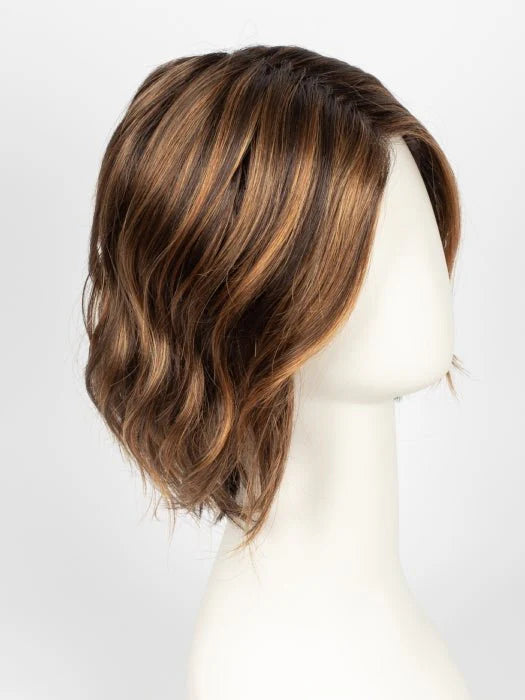 short silver blonde wig for women displayed as a short wavy bob with brown base and silver blonde highlights