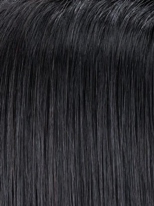 Wigalert close up of straight black synthetic wig hair used with blonde synthetic ponytail clip for styling
