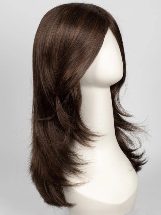 Brandi Amore wig long layered chestnut brown hair with side swept bangs on mannequin head