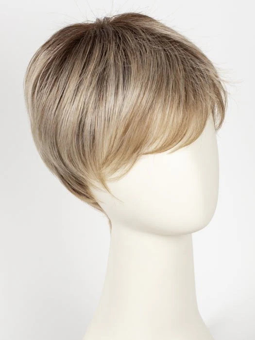 short blonde synthetic wig on white mannequin with layered pixie cut and side swept bangs