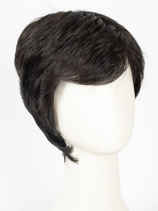 HairUWear short dark brown men's wig on mannequin, product tag men's gray wig realistic for listing