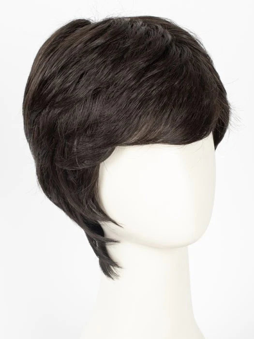 HairUWear men's gray wig realistic short layered dark brown wig on white mannequin head