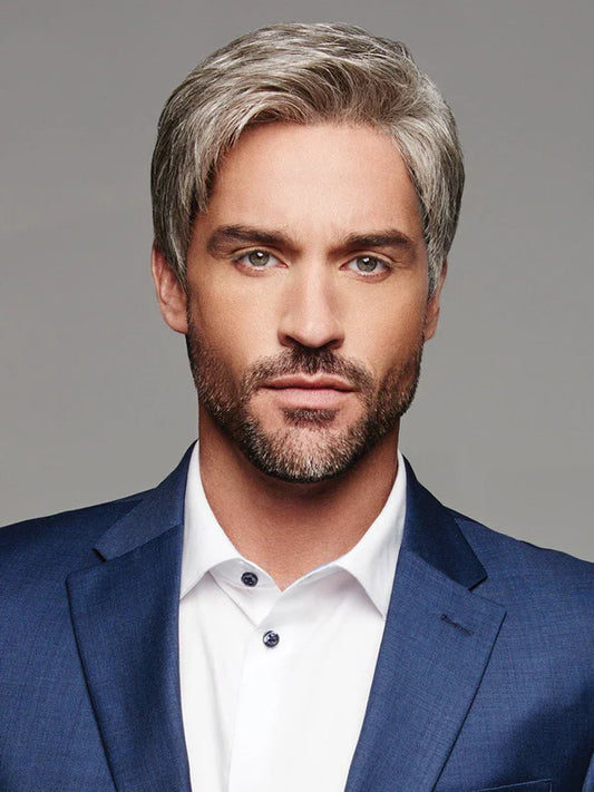 HairUWear men's gray wig realistic short textured cut with natural hairline and subtle salt and pepper tones