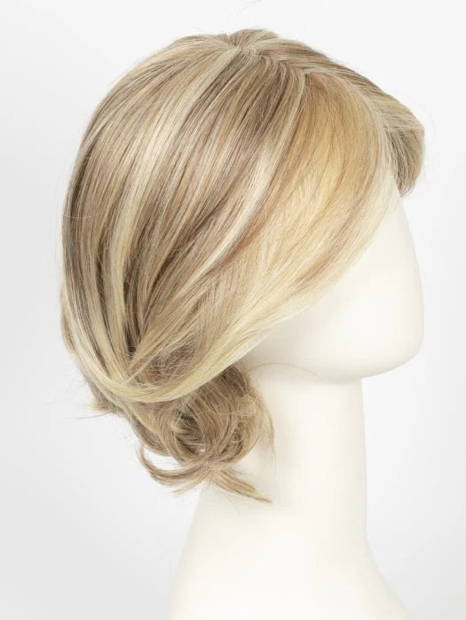 Raquel Welch Crowd Pleaser wig blonde layered short bob with side swept bangs and low loose side tuck on mannequin