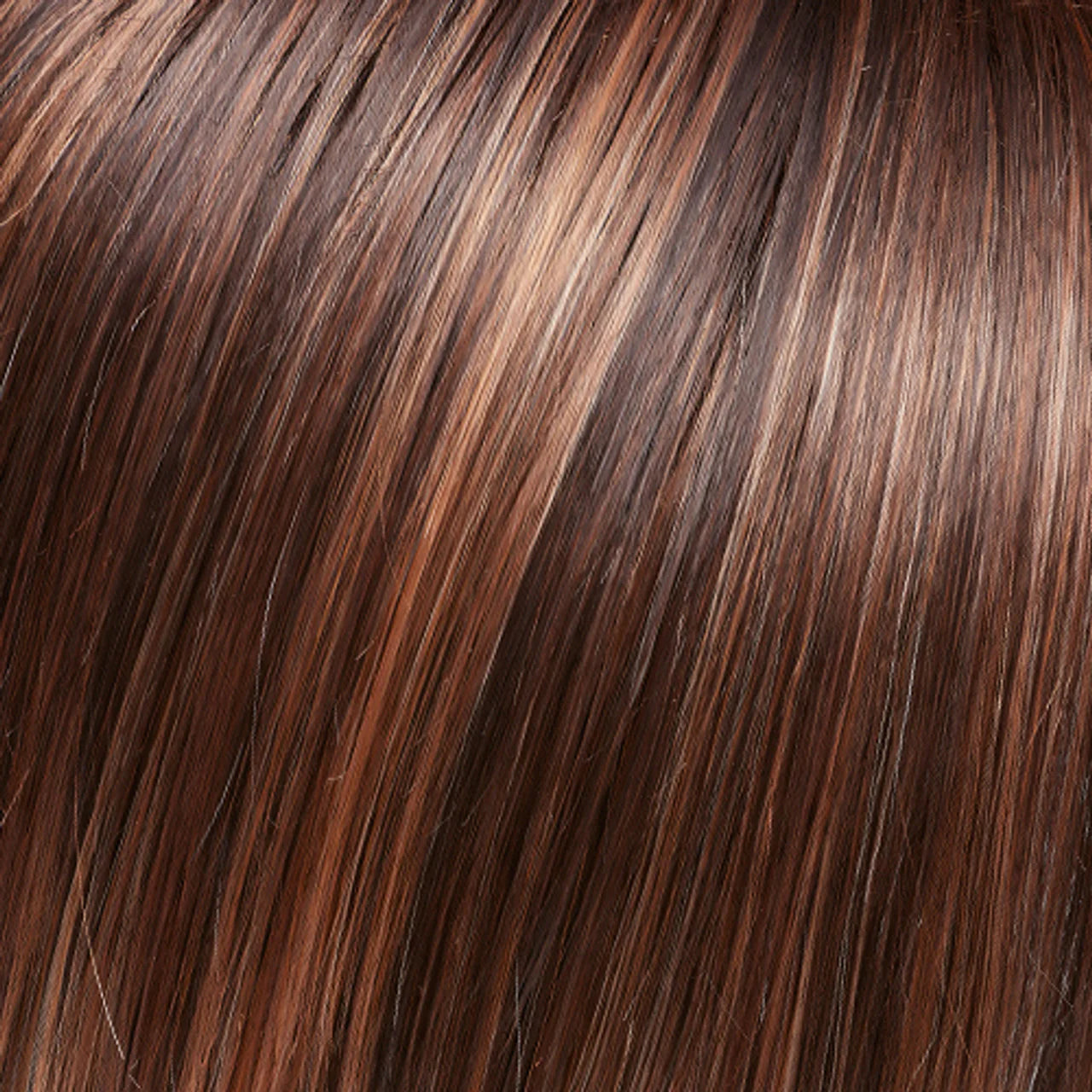 Close up brown highlighted hair texture of Jon Renau Ignite wig showing natural shine and layered strands